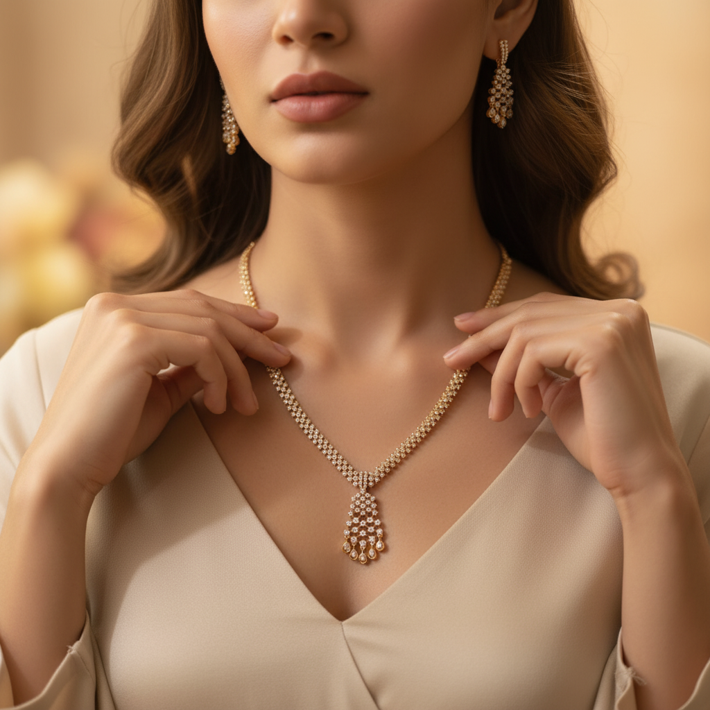 Gold Finish Diamond-Style Drop Necklace Set with Matching Earrings