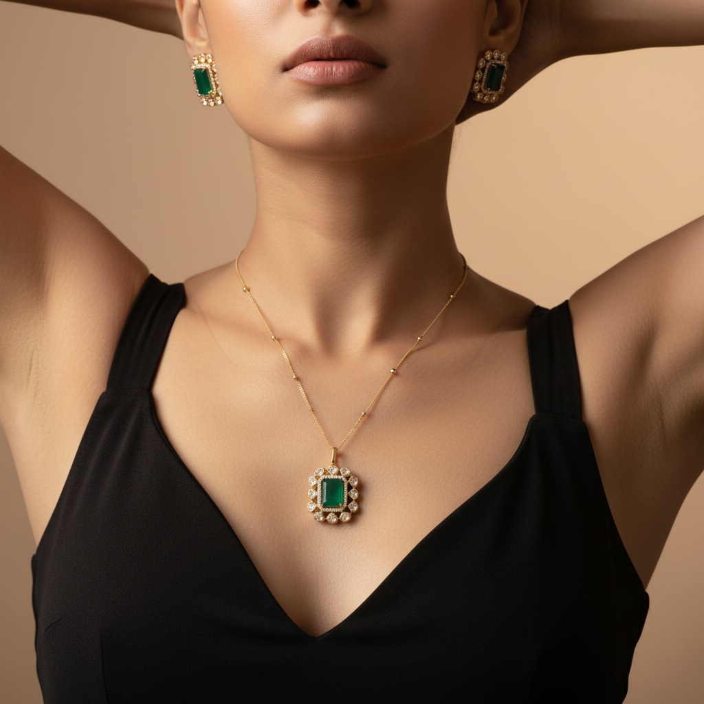Green Stone Pendant Necklace Set with Matching Stud Earrings - Image 2