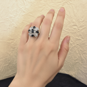 Black Onyx and Diamond Floral Cluster Ring in White Metal