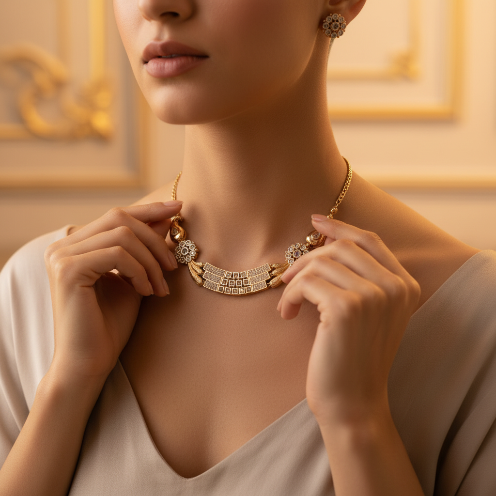 Gold Tone Diamond-Pattern Necklace Set with Matching Earrings