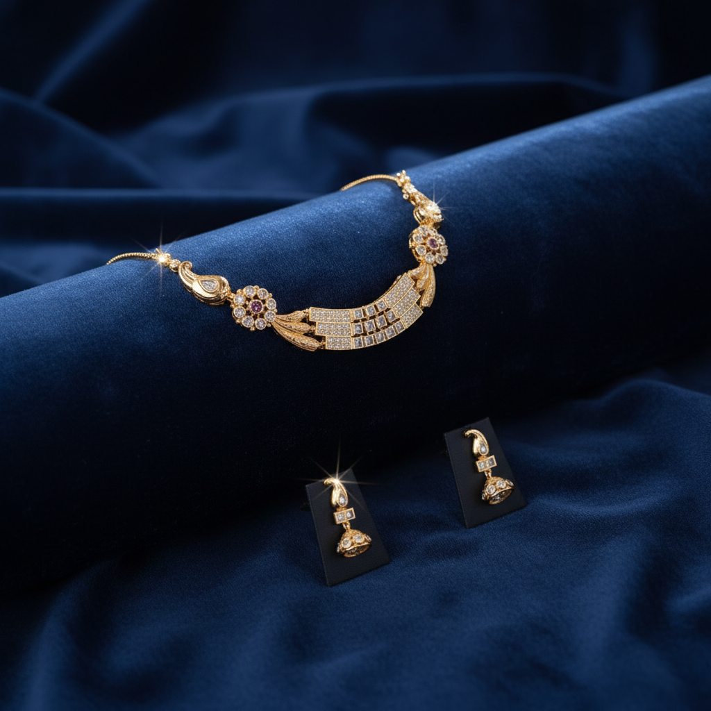Gold Tone Diamond-Pattern Necklace Set with Matching Earrings - Image 3