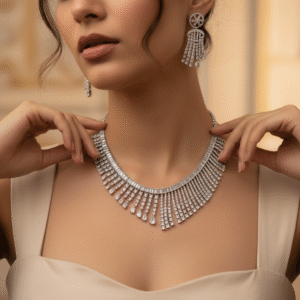 Diamond Fringe Necklace Set with Drop Earrings