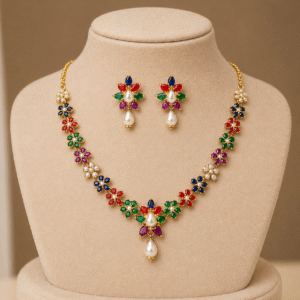 Traditional Navratna Necklace Set with Multicolor Stones & Earrings