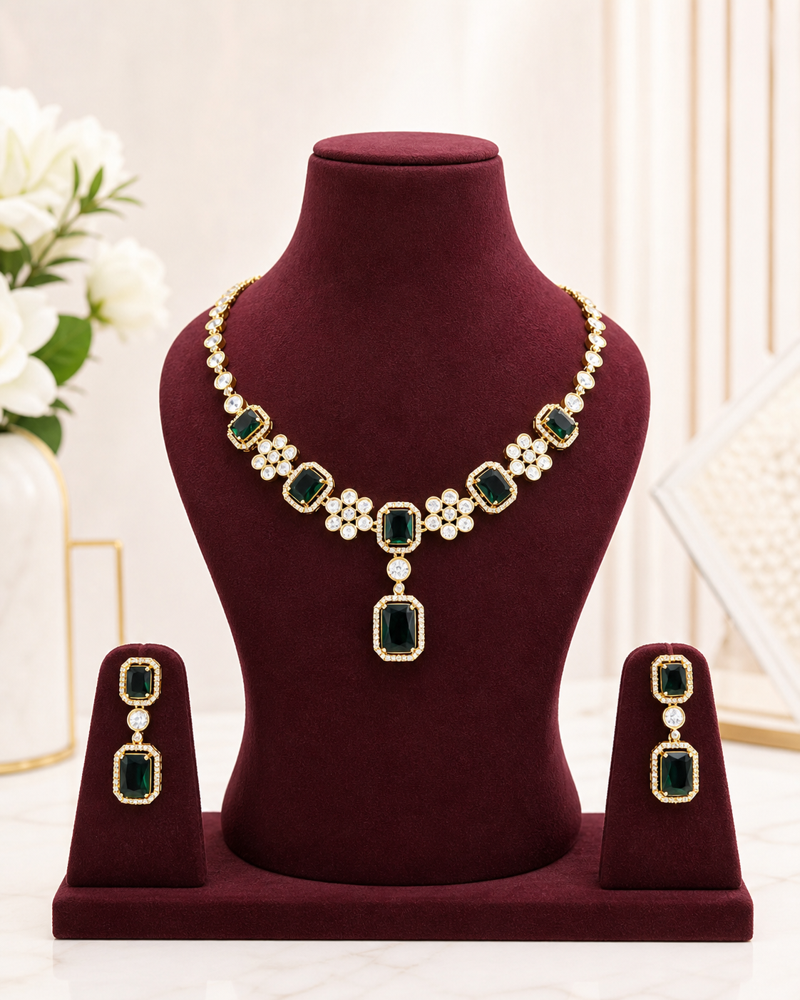 Moissanite Emerald-Cut Necklace Set with Matching Earrings
