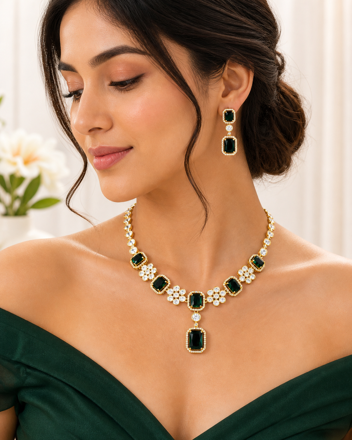 Moissanite Emerald-Cut Necklace Set with Matching Earrings