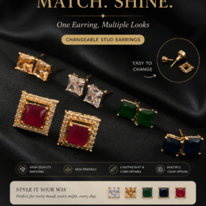 Luxury Changeable Square Stud Earrings Set – Multicolor Gold-Tone Crystal Earrings for Women