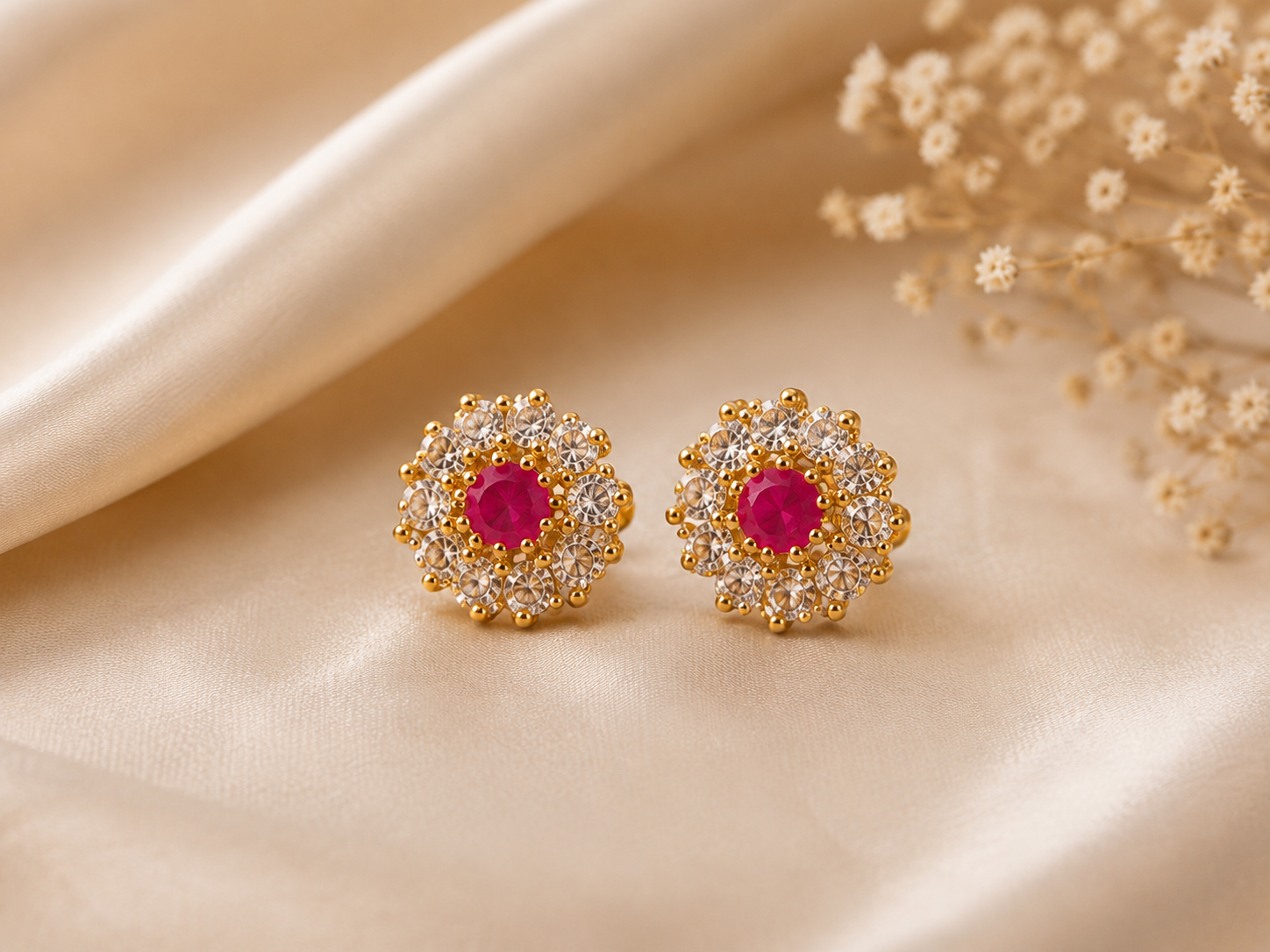 Ruby Crystal Floral Stud Earrings - Image 2