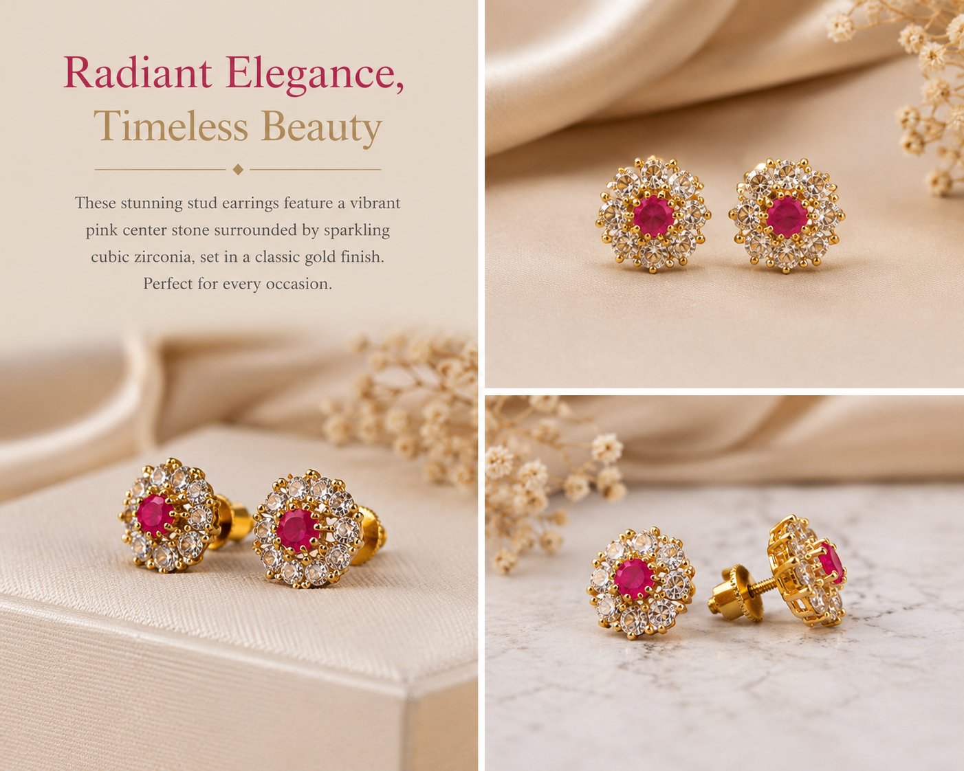 Ruby Crystal Floral Stud Earrings