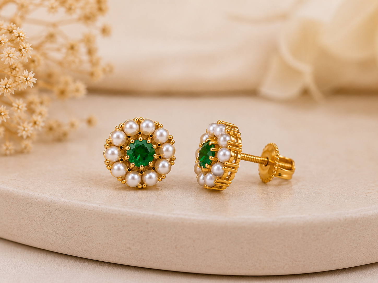 Emerald Pearl Stud Earrings - Image 3