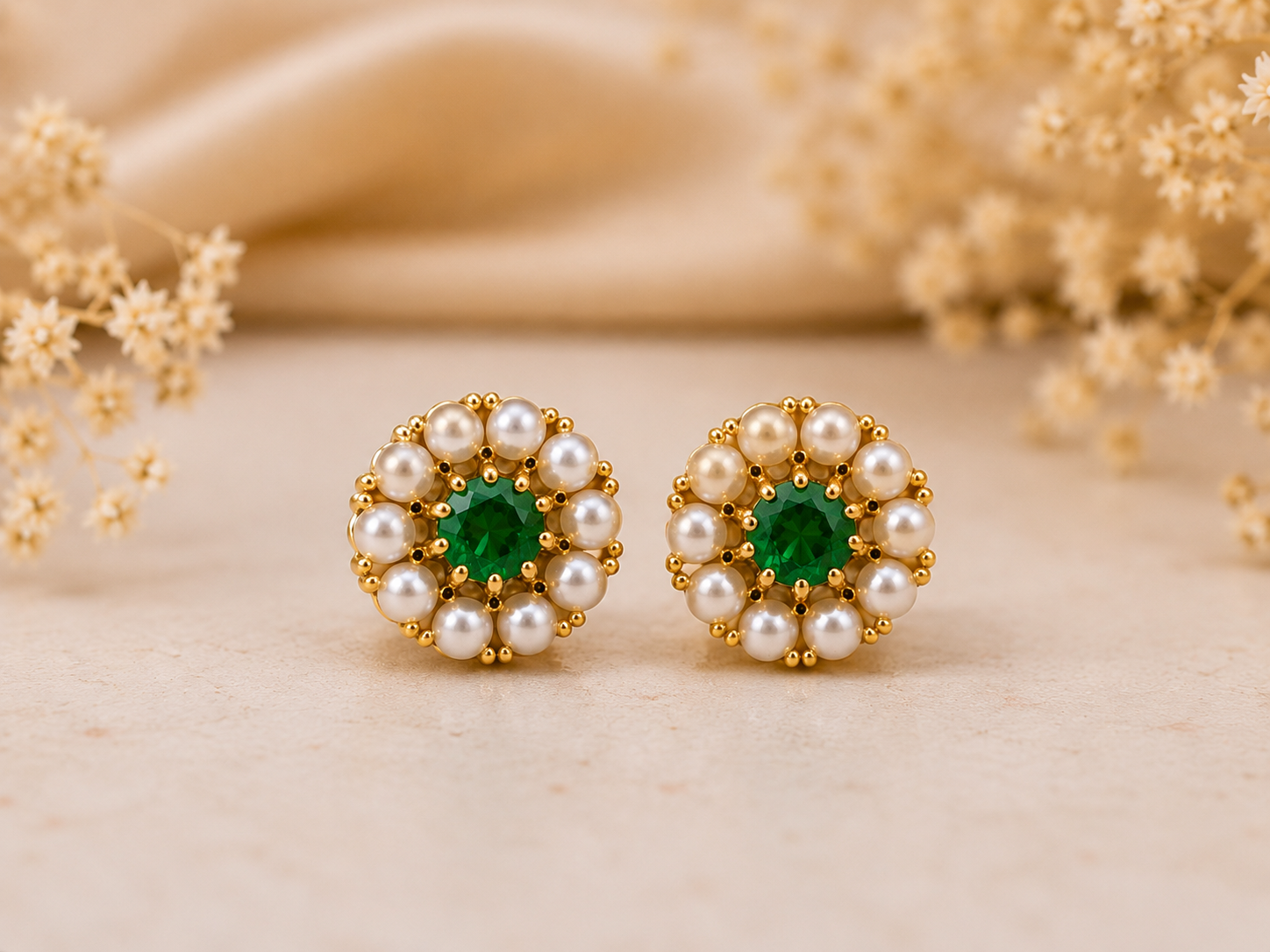 Emerald Pearl Stud Earrings