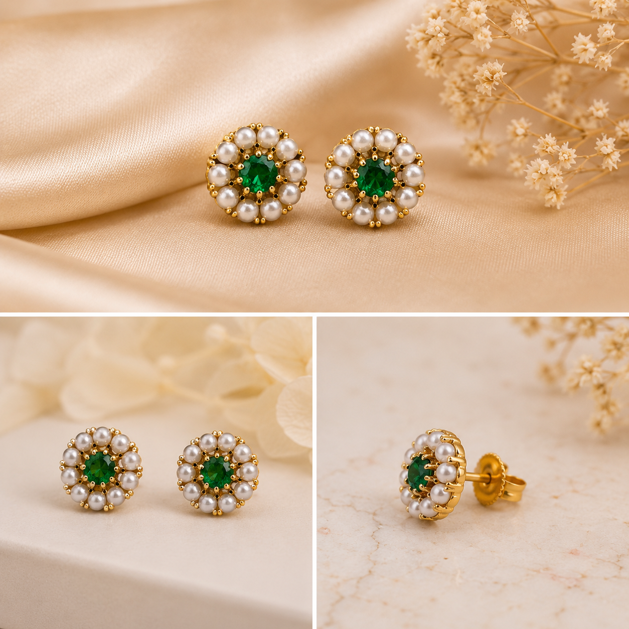 Emerald Pearl Stud Earrings - Image 2