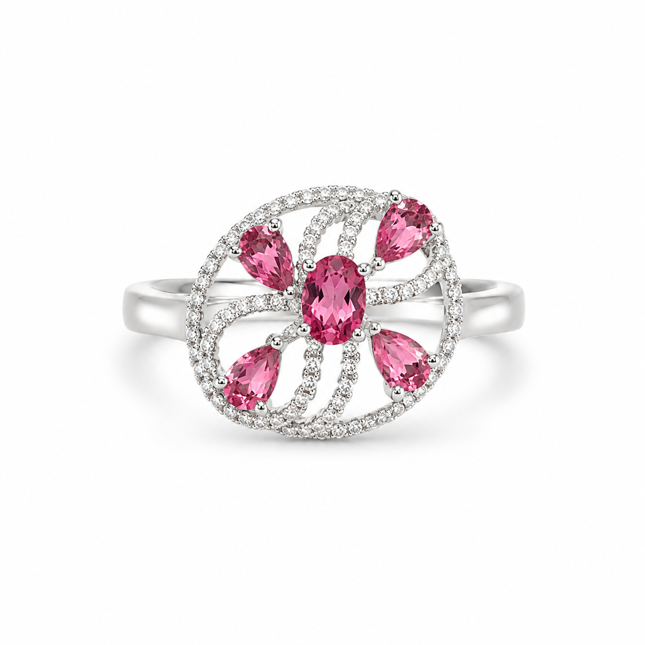 Pink Crystal white metal Floral Statement Ring