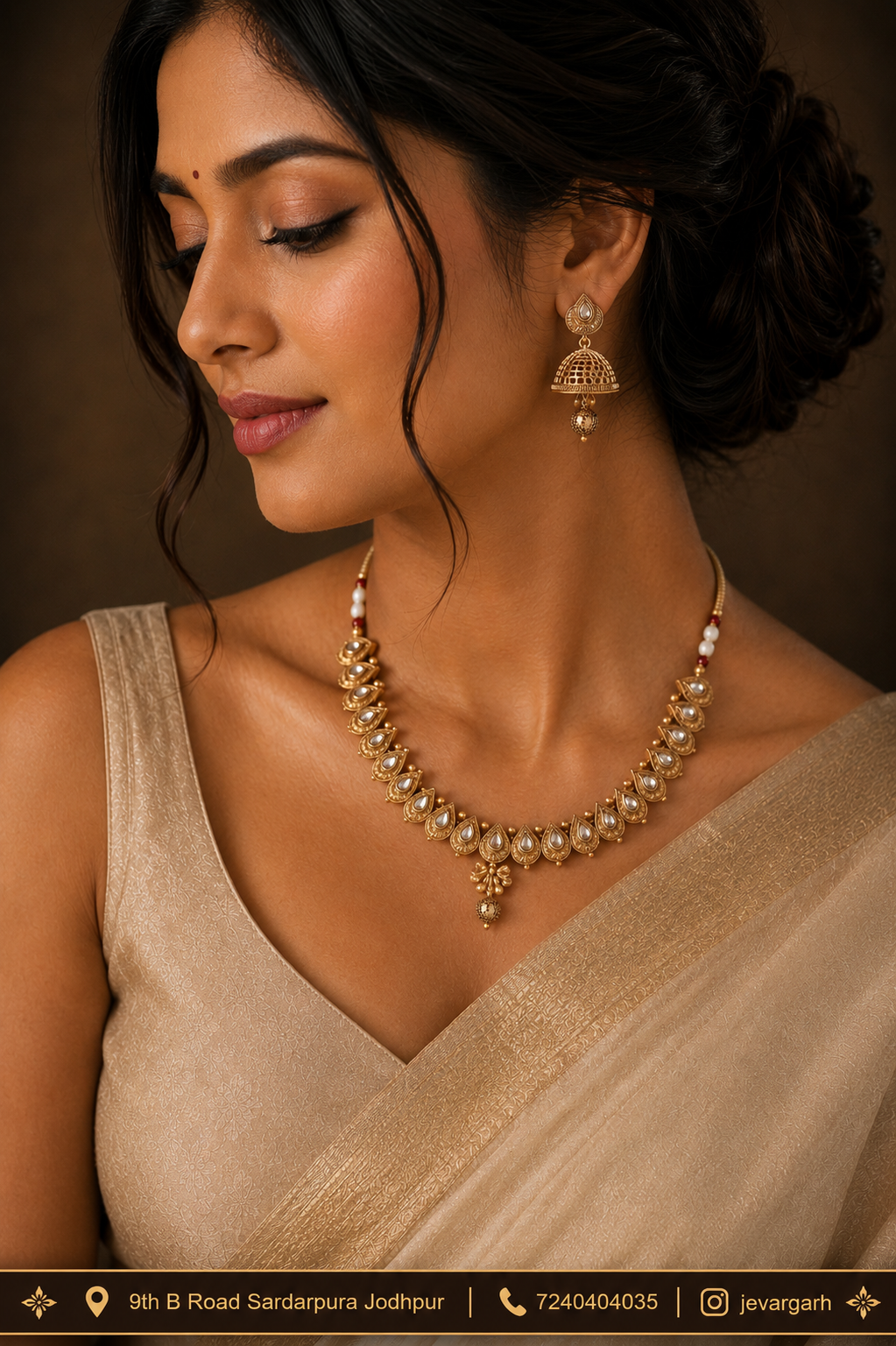 Gold finish Jhumka Necklace Set with Traditional Kundan Detailing - Image 2
