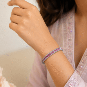 SilverStyle Pink Crystal Elegance Silver Polish Kada Bracelet for Women