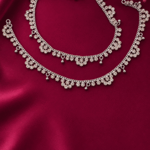 Silver Blossom Charm Anklet Pair – Floral Stone Studded Designer Payal for Women