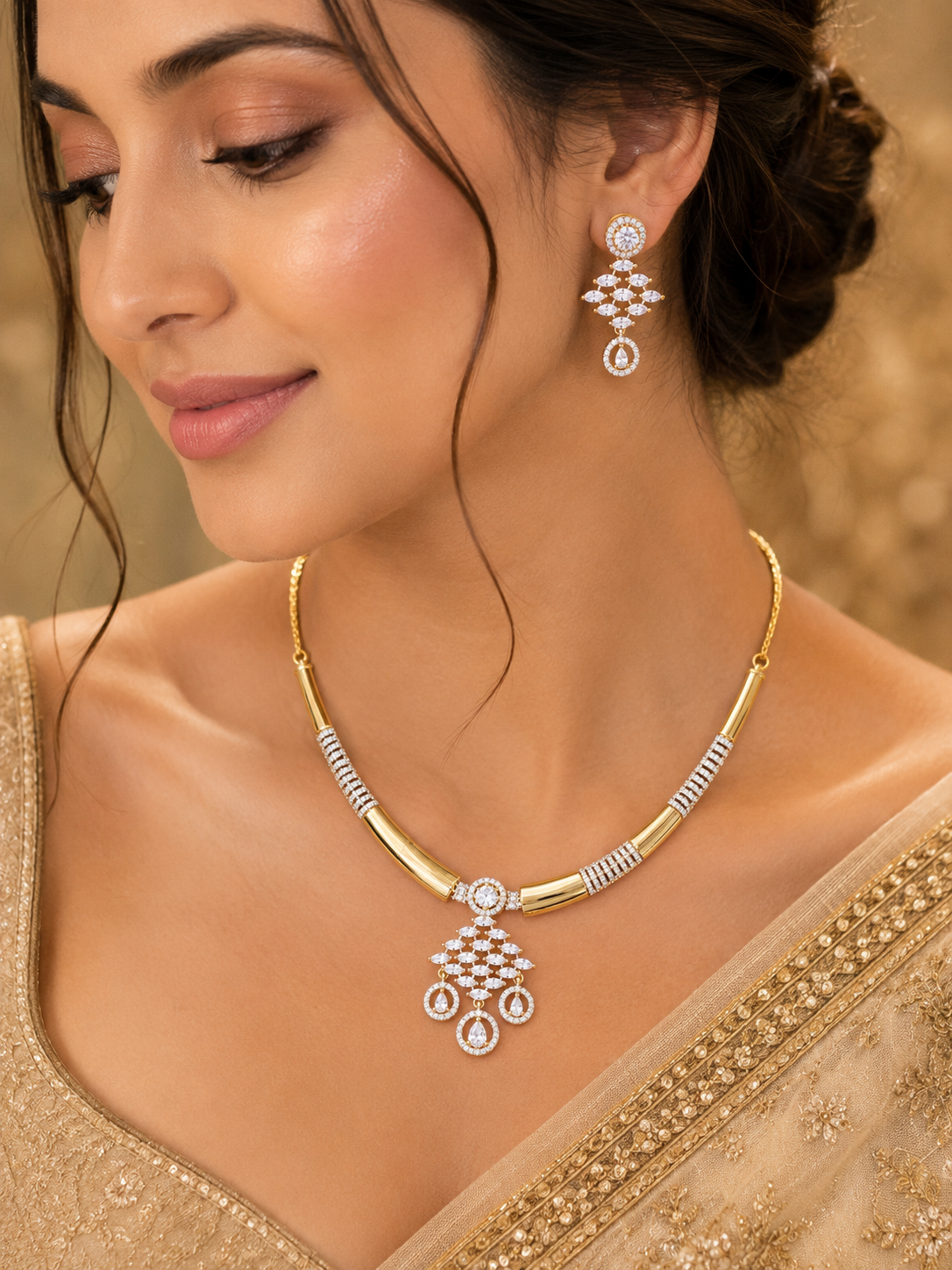 Golden Radiance CZ Pendant Necklace Set - Image 2
