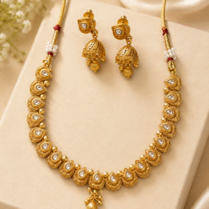 Gold finish Jhumka Necklace Set with Traditional Kundan Detailing