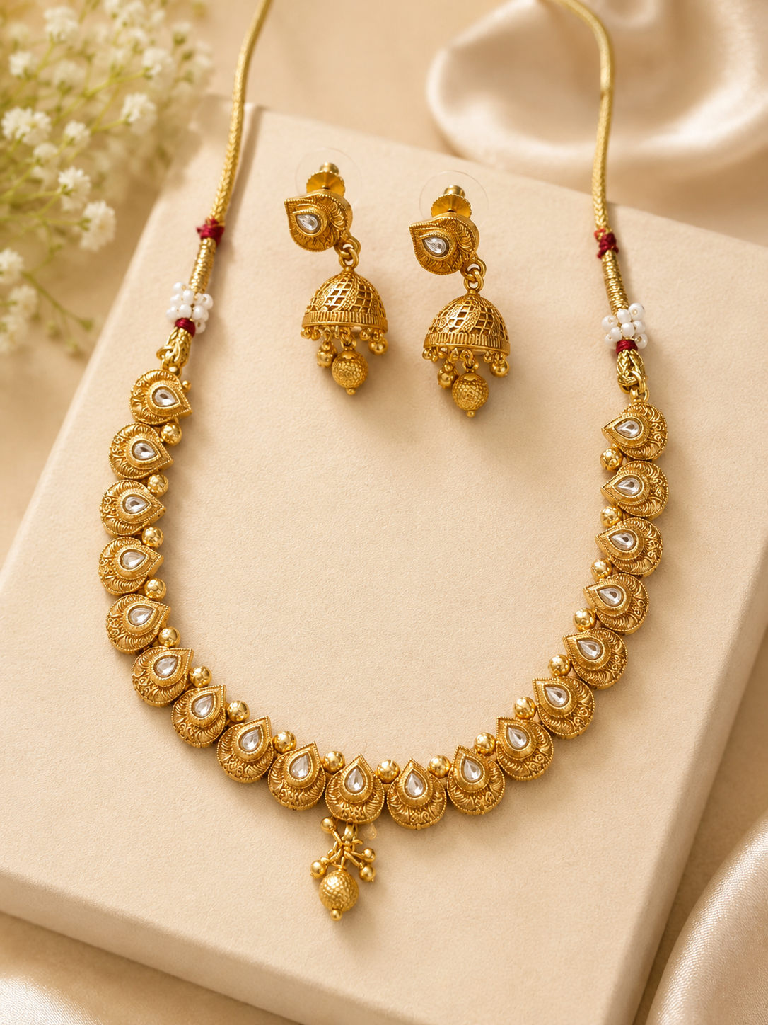 Gold finish Jhumka Necklace Set with Traditional Kundan Detailing