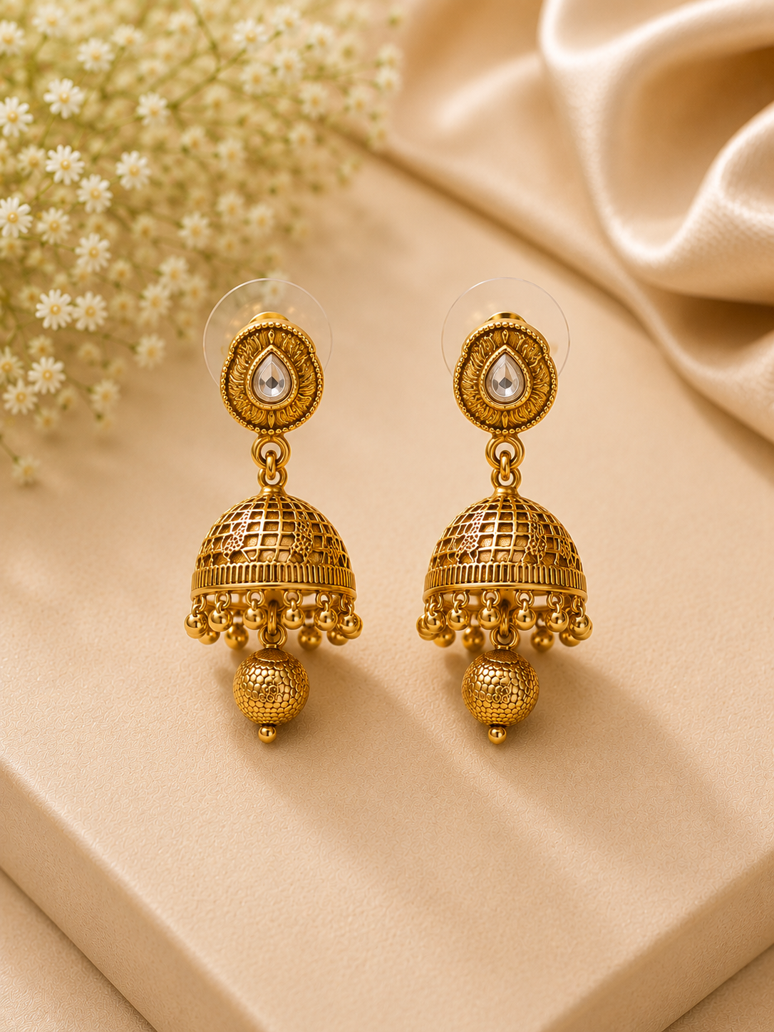 Gold finish Jhumka Necklace Set with Traditional Kundan Detailing - Image 3