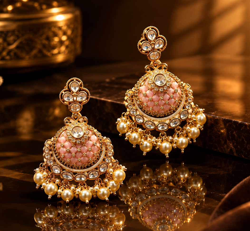 golden jhumka earrings on reflective surface